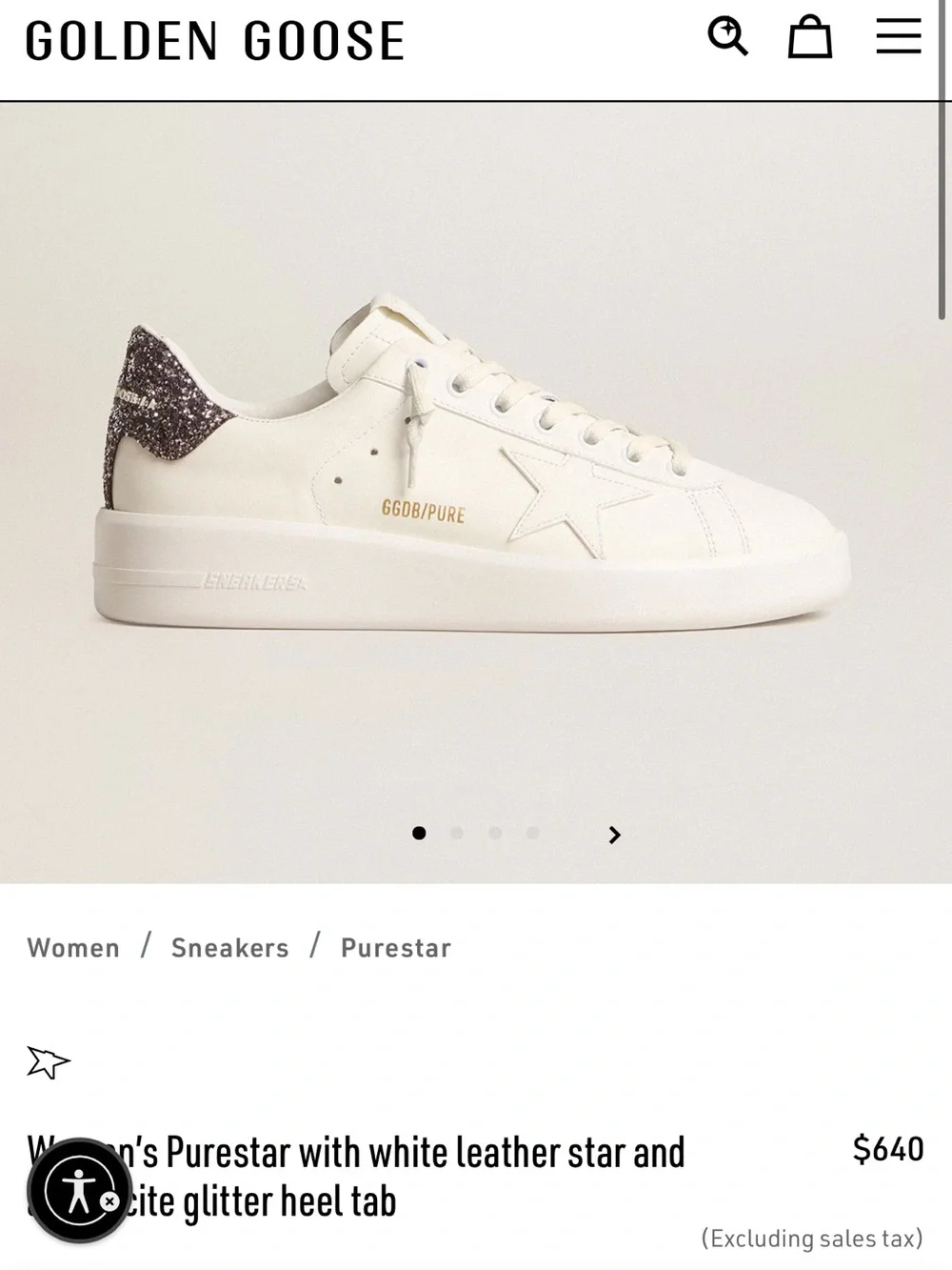 Golden Goose White Leather Purestar Sneakers with Silver Glitter Heel Tab